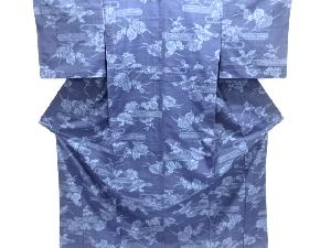 花模様織り出し手織り紬単衣着物